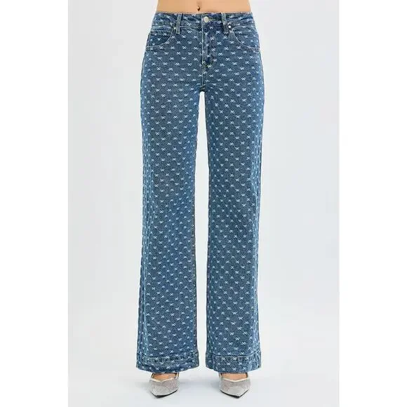 RISEN High Rise Bow Embroidered Details Zip Fly Dark Wash Wide Leg Denim Jeans